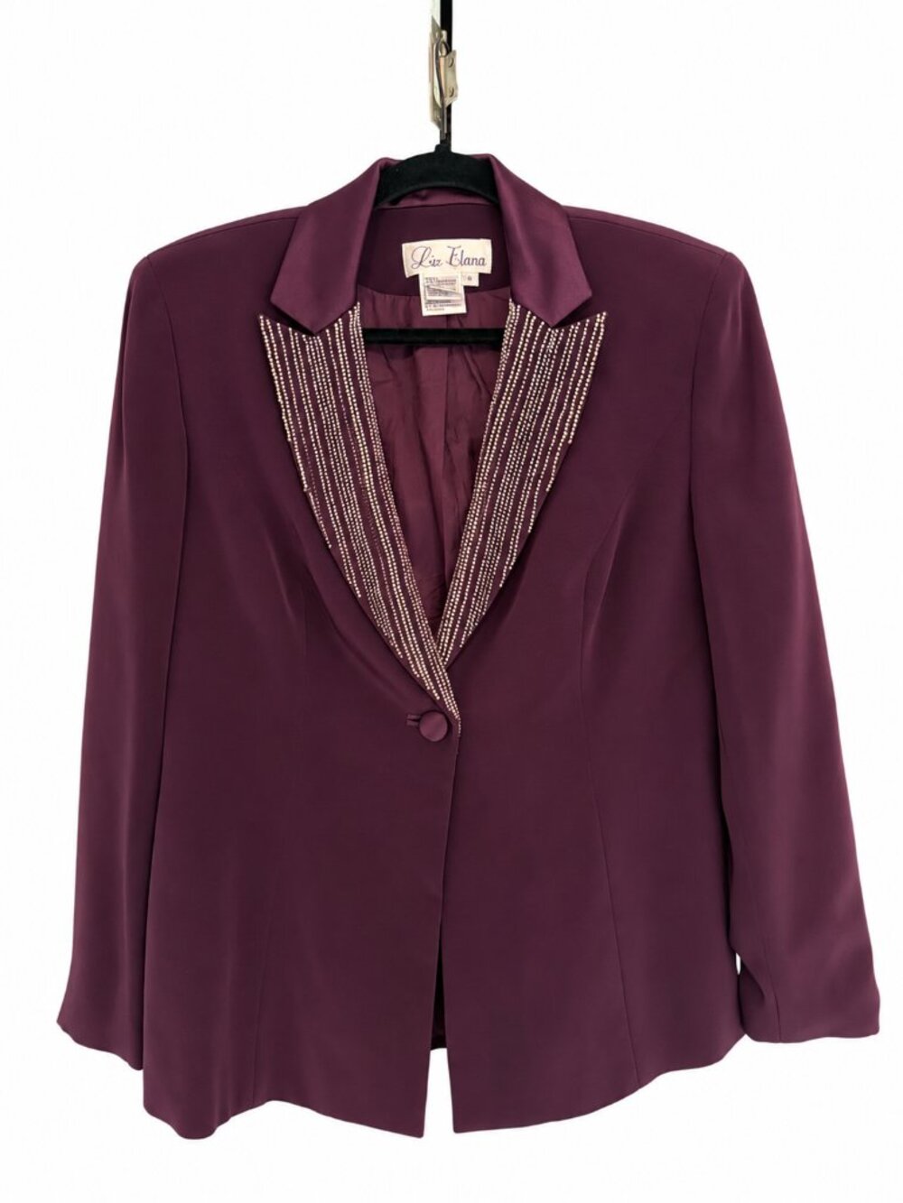 Liz Elana Vintage Beaded Lapel Blazer Deep Plum Size 8 Satin Evening